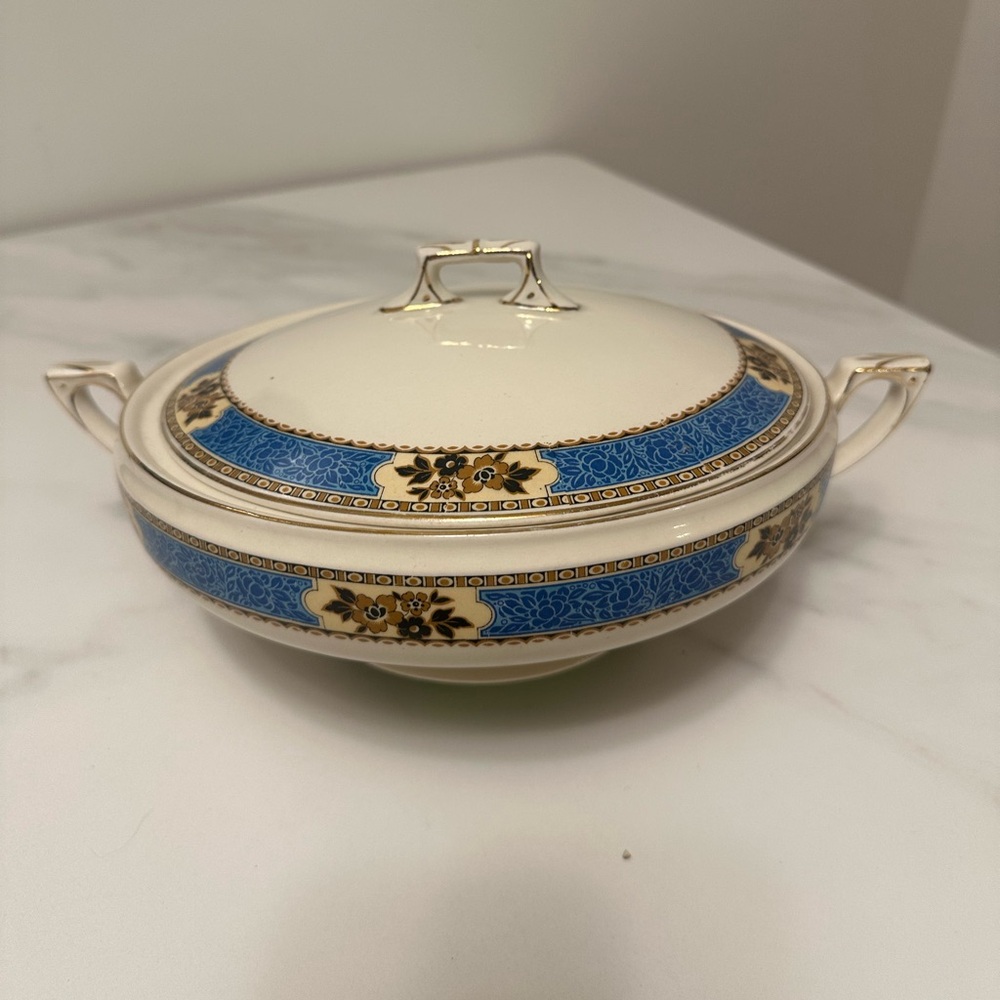 1920’s Myott Son & Co Art Deco Covered Ceramic Tureen Blue Panel Ware Pattern